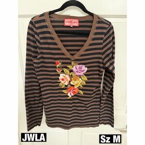 Brown Striped Floral Embroidered V Neck Women's Top Sz M